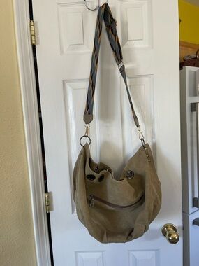 Casual Tan Canvas Shoulder Hobo Bag with Patterned Strap
